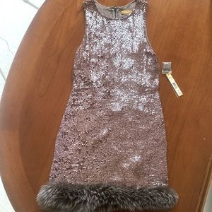 Alice and Olivia sequined dress with fox fur trim